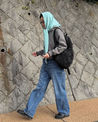 Two-tone knit half-zip hoodie