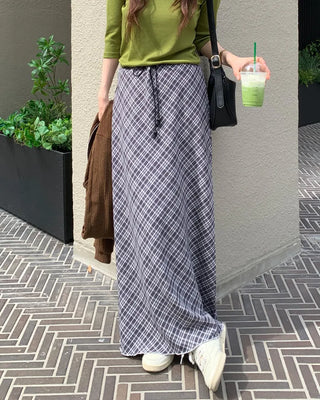 Checked drawstring long skirt