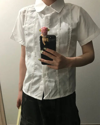Lace-detail short-sleeved blouse