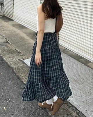Checked frill long skirt