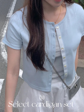 [SET] Cropped Short-Sleeve Ribbed Sleeveless Cardigan Set (4c)