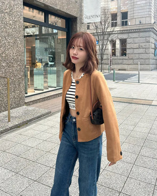 Collarless suede jacket