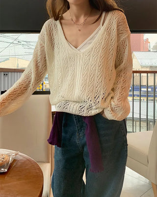 V-neck perforated knit