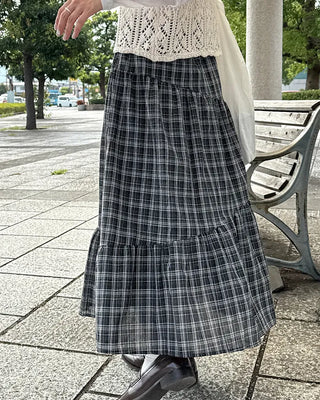 Checked Shirred Long Skirt