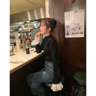Sleeve lace color-block T-shirt