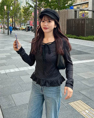 Ribbon Tie Dot Frill T-Shirt