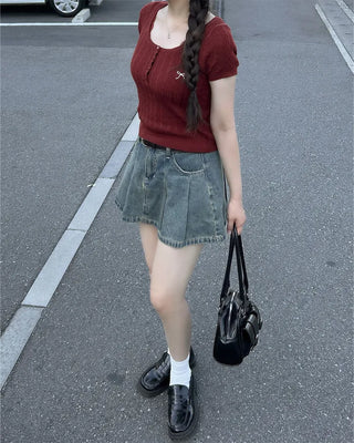 (Belt set) Denim pleated mini skirt