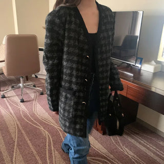 Houndstooth check V-neck jacket