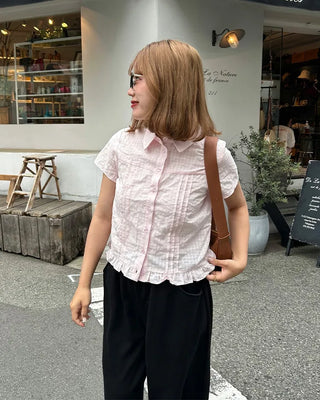 Checked pintuck detail short-sleeved blouse