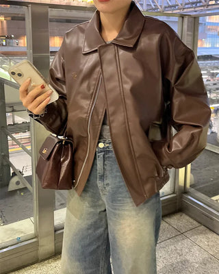 Oversized Collar Faux Leather Jacket