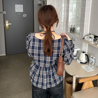 2-way check peplum blouse