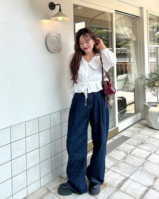 Big collar shirred waist blouse