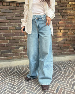 Asymmetrical wide-leg denim pants