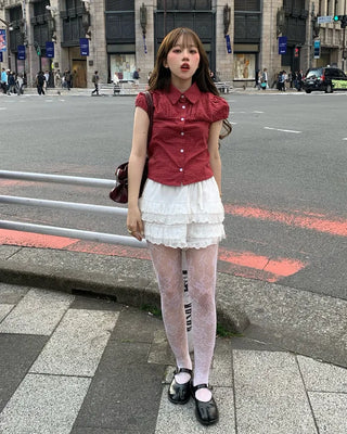 Gingham check puff sleeve shirt