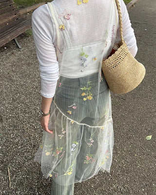 Flower embroidered sheer midi dress