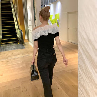 Chiffon frill off-shoulder T-shirt