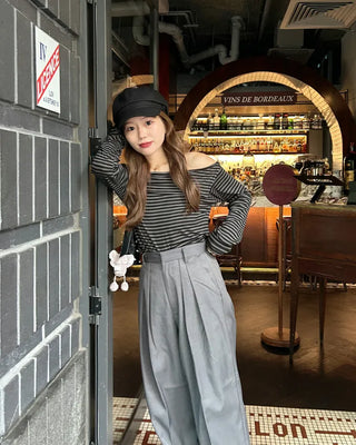 Striped off-shoulder long t-shirt