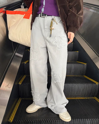 Flower embroidered wide-leg pants