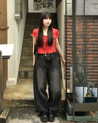 Washed balloon denim pants