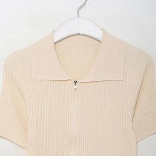 Colored Zipper Short-Sleeve Knit Cardigan