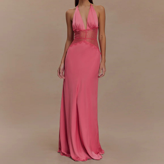 Halter lace patchwork backless maxi dress