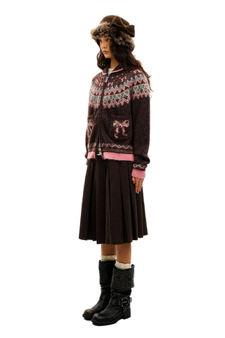 [Moromoro2] Fair Isle Bow Pocket Retro Collar  Cardigan