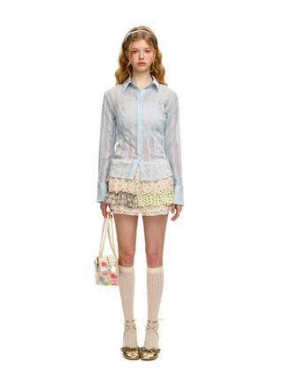 [Moromoro2] Sheer Slim Fit Checkered Long Sleeve  Shirt