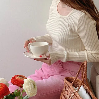 (5 colors) Ribbed Square Neck Knit Top