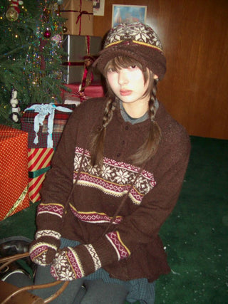 [Moromoro2] Fair Isle Knit Mittens with  Strap