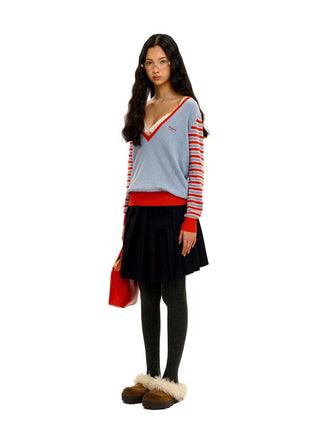 [Moromoro2] Striped Sleeve Deep V-Neck Knit  Sweater