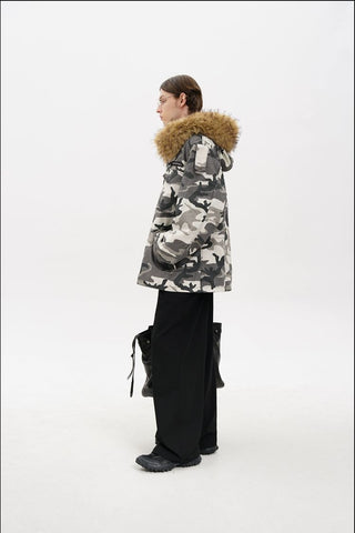 [MASONPRINCE] Camouflage Fur Collar Oversized Parka Coat