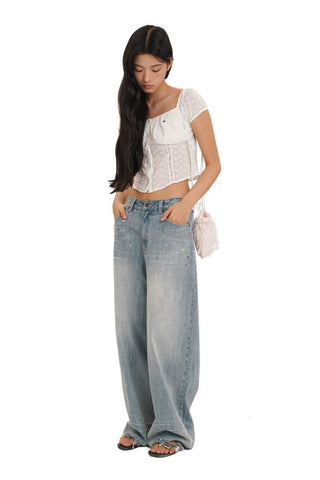 [Moromoro2] Rhinestone Bow Embroidered  Denim