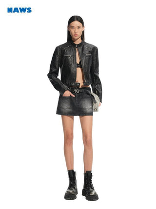 [NOTAWEAR] Cropped Moto Jacket with Cracked  Texture