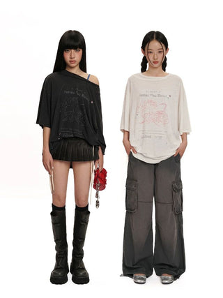 [Moromoro2] Washed Bow Graffiti Rhinestone Oversized  Tee