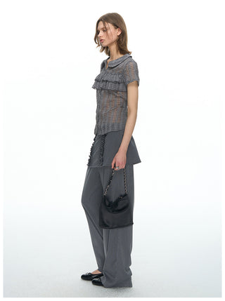 [NECY] Pin Stripe Ruffle Lace Skirt Pants