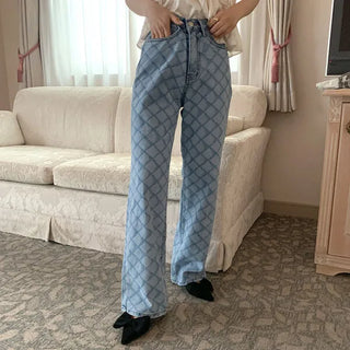 Patterned high-waisted denim pants