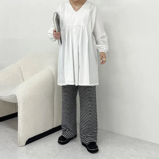Striped elastic waist half-pants