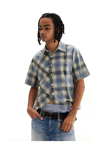 CONP Asymmetric bias-cut plaid shirt (blue)