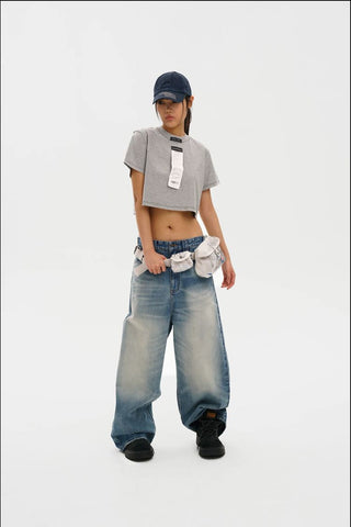 [MASONPRINCE] Curved Cut Washed Denim Wide Pants