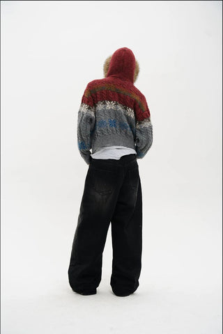[MASONPRINCE] Fair Isle Fur Hood Wool Blend Cardigan