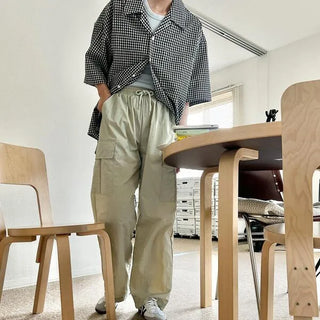 Linen check open collar shirt