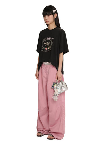 [Moromoro2] Bow Embroidery Flower Washed Cotton  Tee