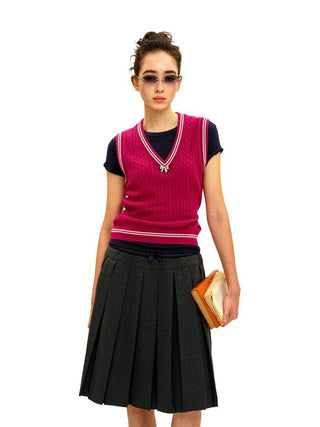 [Moromoro2] Cable Knit Bow Detail V-Neck  Vest