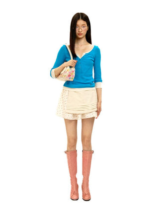 [Moromoro2] Layered Henley Top with Contrast  Trim