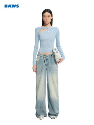 [NOTAWEAR] Washed Leather Pocket Low Rise Wide  Jeans