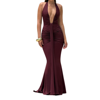 Deep v neck ruched backless maxi dress