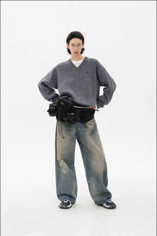 [MASONPRINCE] Double-Sided Jacquard V-Neck Wool Blend Sweater