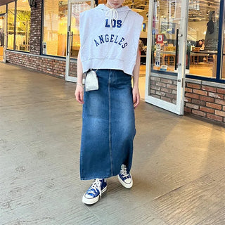 Washed denim long skirt