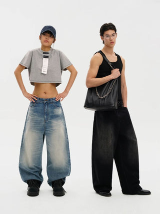 [MASONPRINCE] Curved Cut Washed Denim Wide Pants