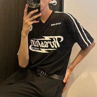 Double-line V-neck short-sleeved T-shirt